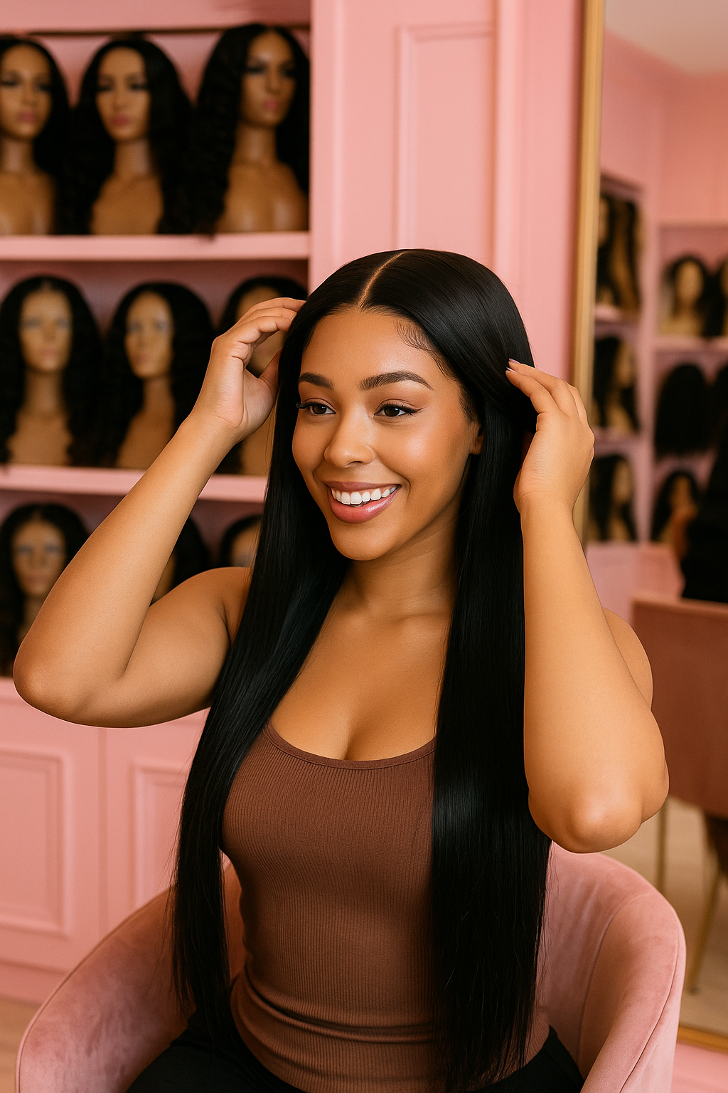 Black Woman Trying On Lace Wig in Pink Luxury Salon – The Wig Shop by Armani Extensions