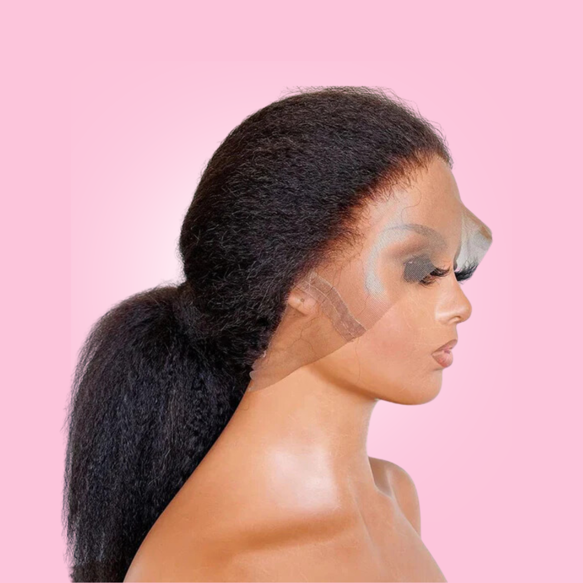 A wig with a straight, kinky style, worn by a mannequin with a realistic appearance including a full head of hair.