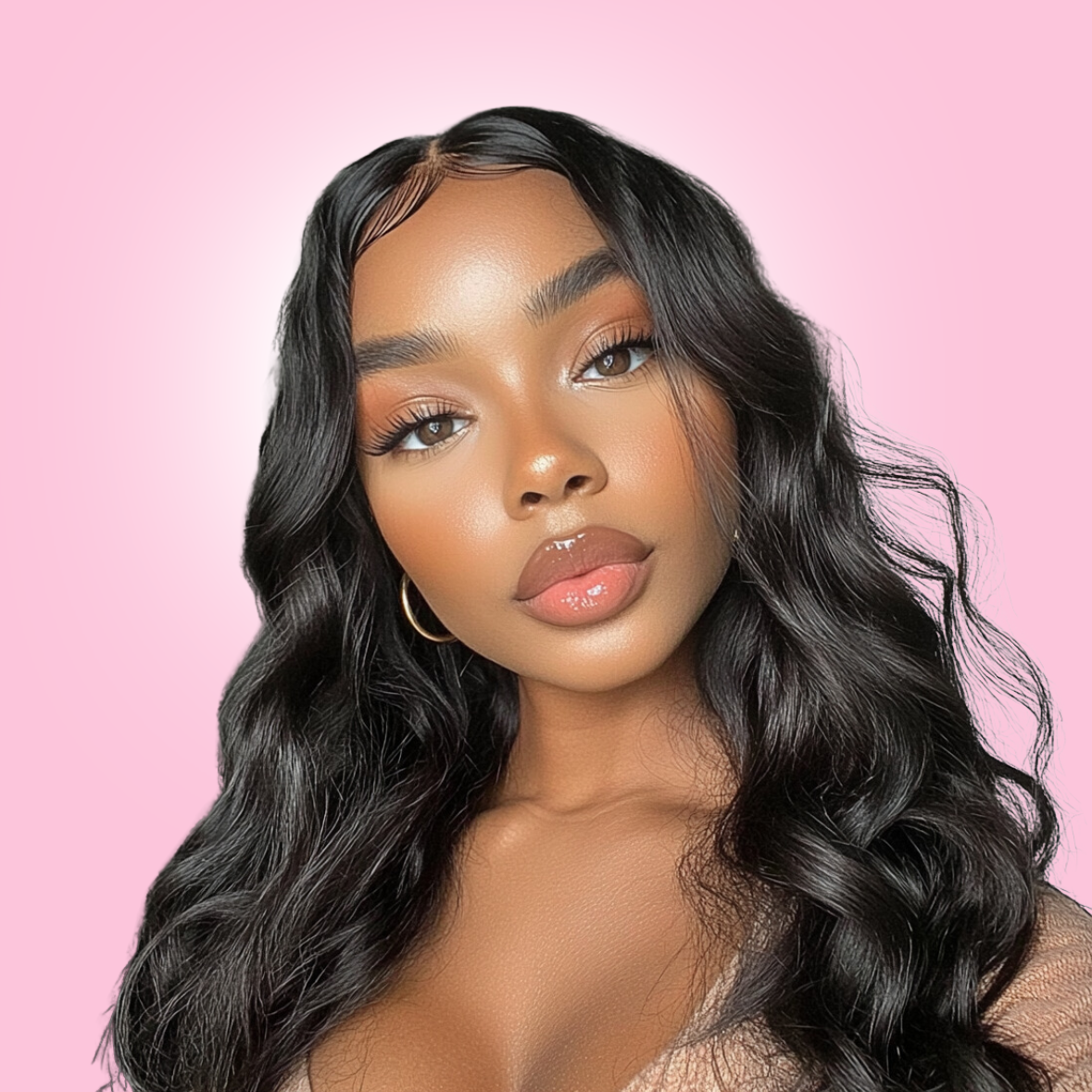 A woman wearing a 2x6 lace wig with a voluminous and bouncy appearance, featuring a natural skin tone and wearing minimal makeup.