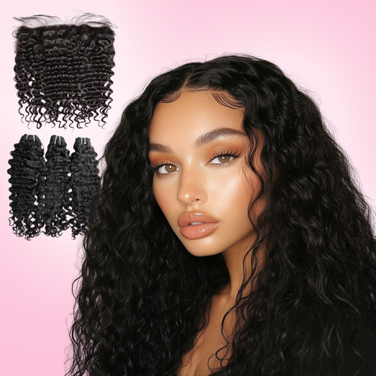 Model Wearing Deep Wave 3 Bundles & Frontal – 100% Virgin Hair | Armani Extensions