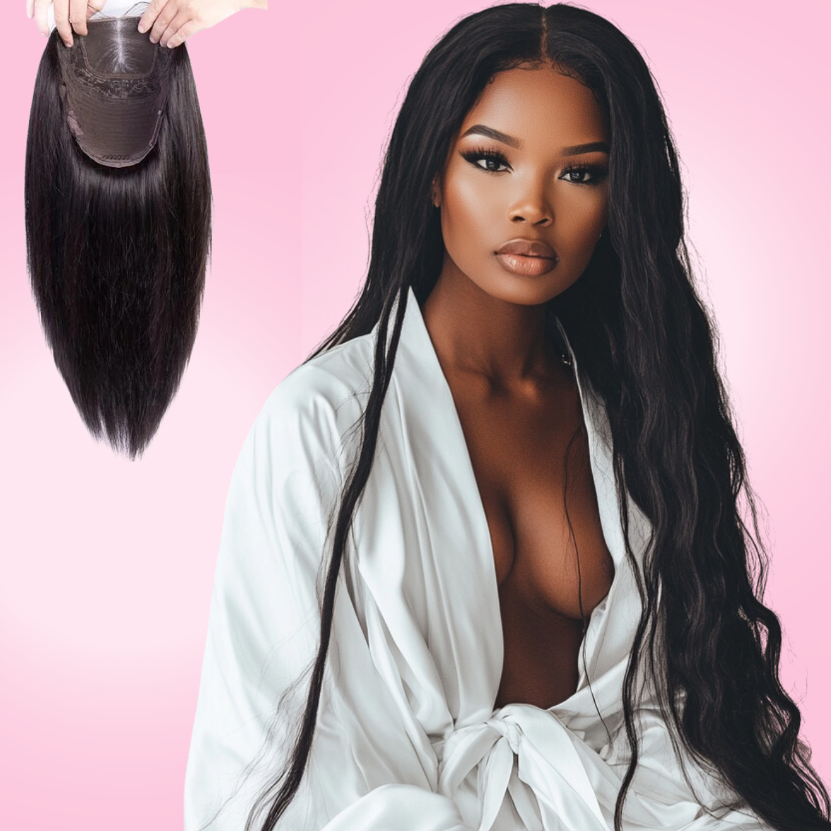 A woman wearing a white robe with a HD lace closure wig that has a 4x4 or 5x5 lace size. The wig is straight and the woman has a natural, soft facial expression.