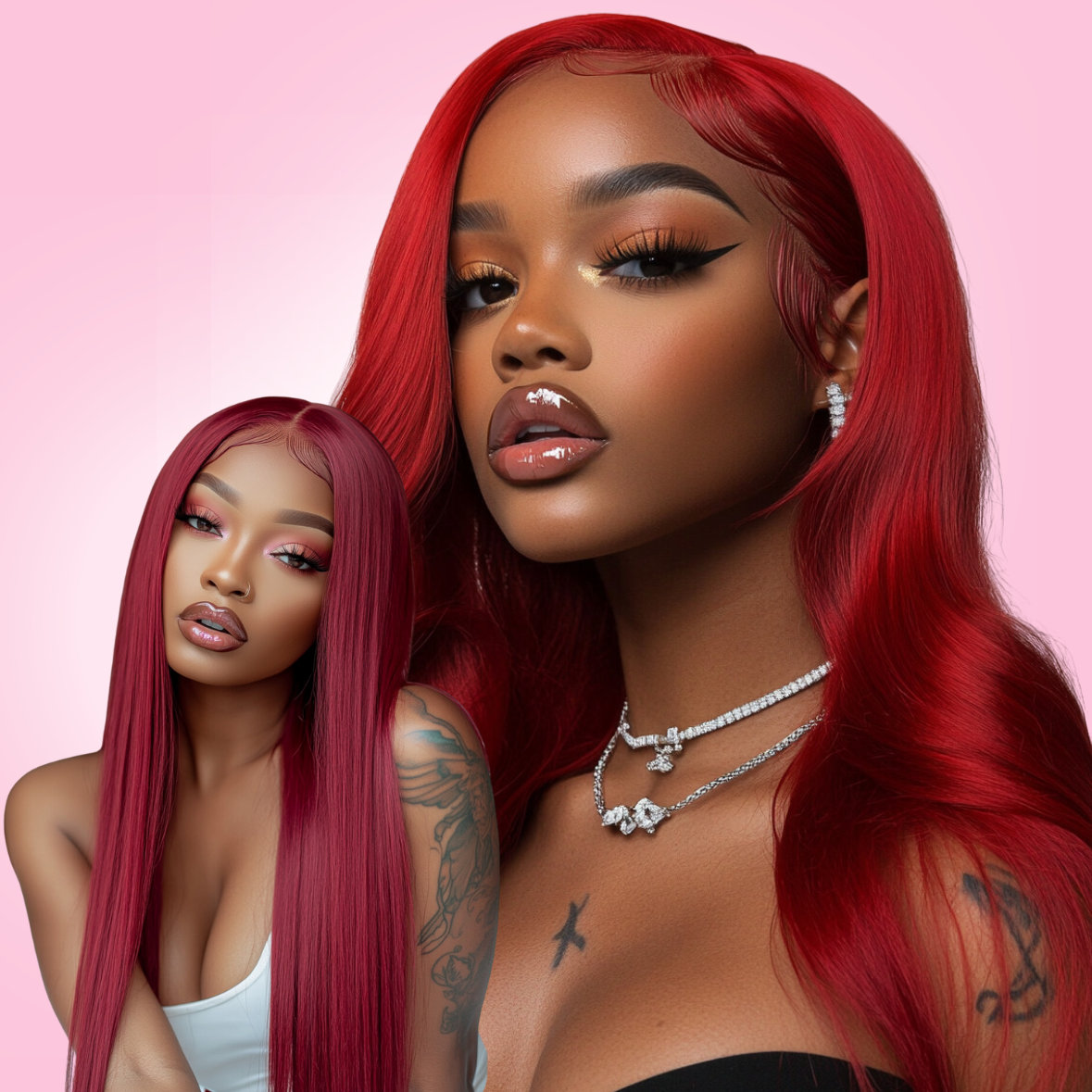 Two images of a woman wearing a red frontal wig. The main image shows the wig styled in a voluminous and glossy finish, while the inset image displays the wig in a more casual, relaxed style.