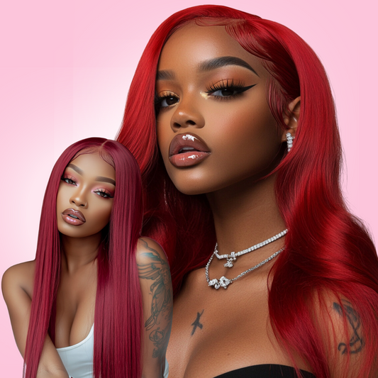 Two images of a woman wearing a red frontal wig. The main image shows the wig styled in a voluminous and glossy finish, while the inset image displays the wig in a more casual, relaxed style.