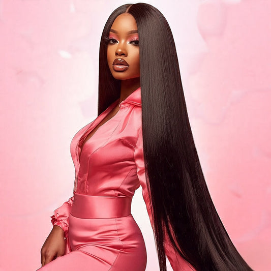 40-inch straight black wig on display, full length premade unit with HD lace, available for online order
