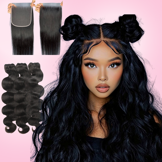 A set of hair extensions including bundles and a lace frontal closure, displayed with a model showcasing the hair's texture and length.