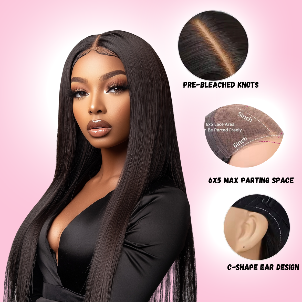 Straight glueless wig 1B human hair 30 inch